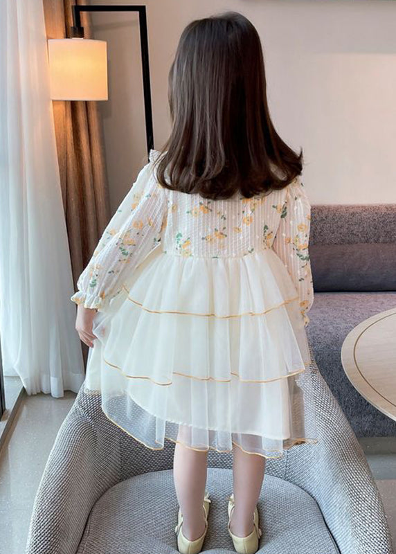 Beautiful Apricot Peter Pan Collar Patchwork Tulle Girls Long Dresses Long Sleeve