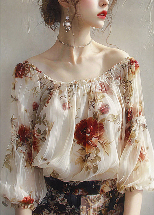 Beautiful Apricot Slash Neck Print Chiffon Top Half Sleeve