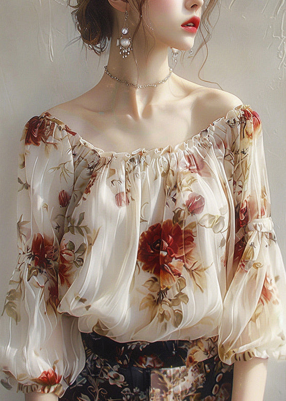 Beautiful Apricot Slash Neck Print Chiffon Top Half Sleeve