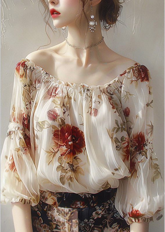 Beautiful Apricot Slash Neck Print Chiffon Top Half Sleeve