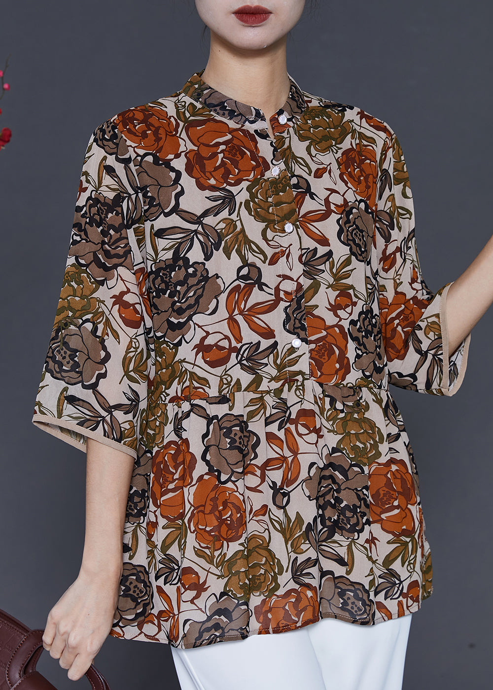 Beautiful Apricot Stand Collar Print Chiffon Shirt Top Summer