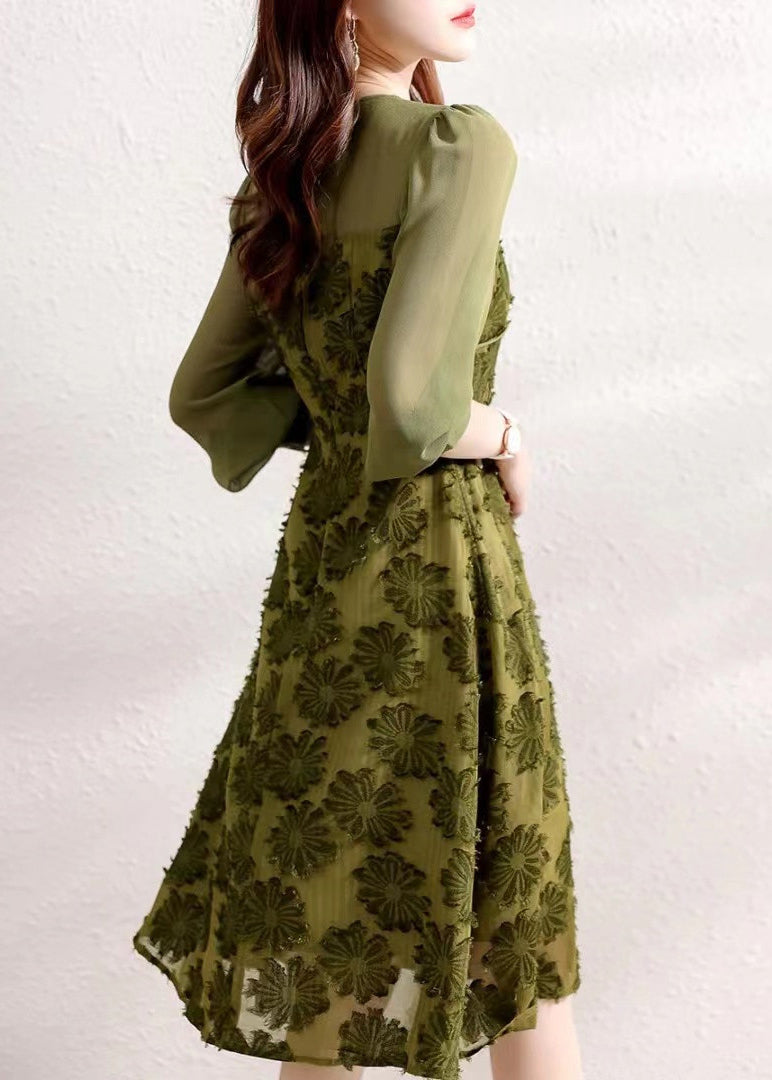 Beautiful Army Green O Neck High Waist Patchwork Chiffon Dresses Fall