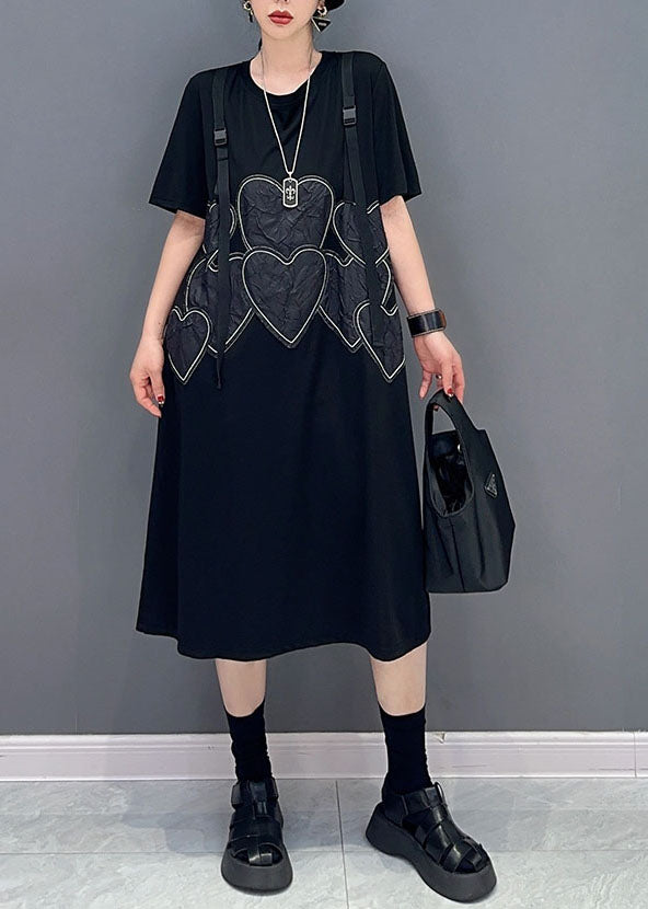 Beautiful Black O Neck Heart Patchwork Cotton Dresses Summer