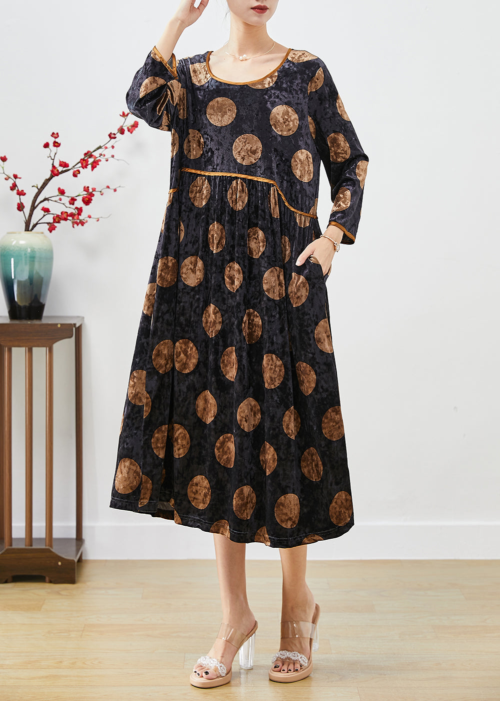 Beautiful Black Oversized Print Silk Velour Long Dress Fall