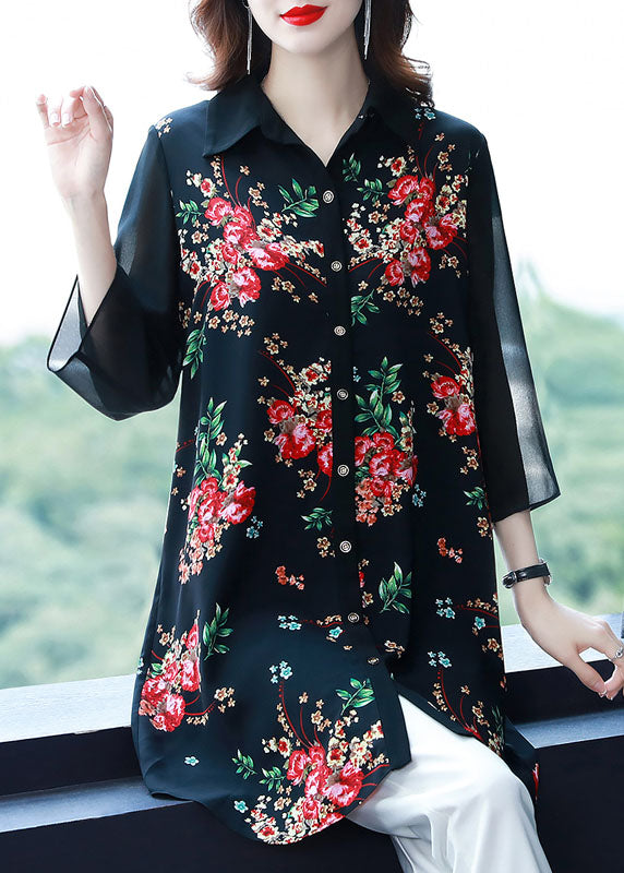 Beautiful Black Peter Pan Collar Print Patchwork Chiffon Shirts Bracelet Sleeve