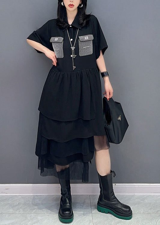 Beautiful Black Peter Pan Collar Wrinkled Patchwork Chiffon Dress Summer