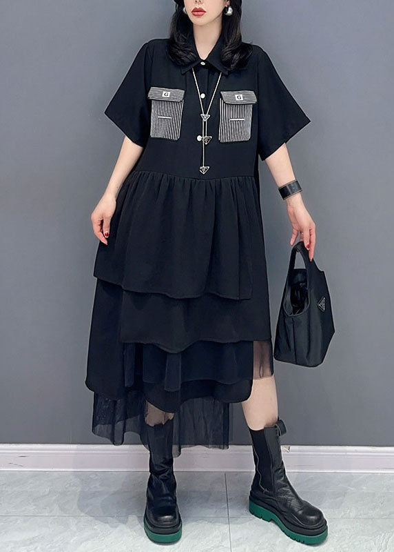 Beautiful Black Peter Pan Collar Wrinkled Patchwork Chiffon Dress Summer