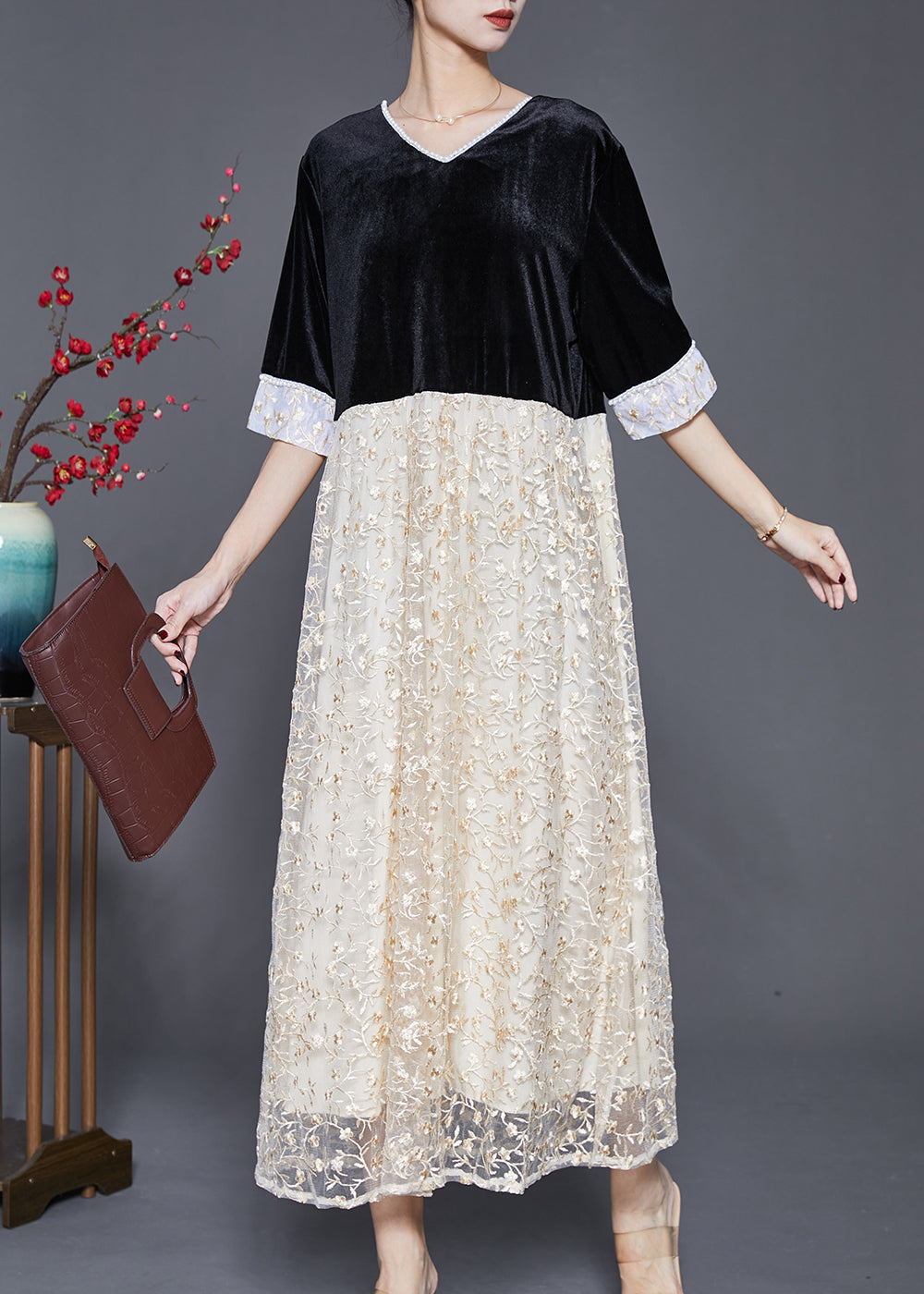 Beautiful Black V Neck Patchwork Lace Silk Velvet Long Dresses Half Sleeve