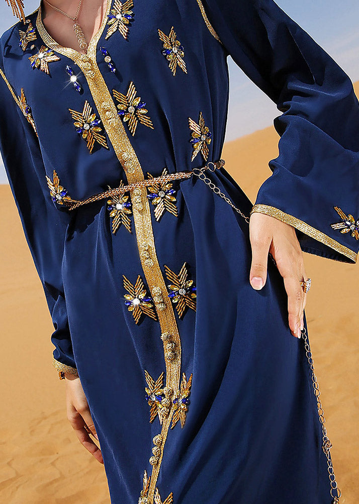 Beautiful Blue Patchwork Sashes Zircon Long Dress Long Sleeve