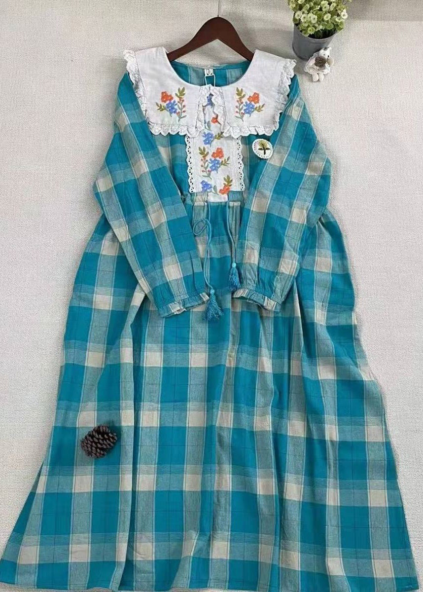 Beautiful Blue Plaid Embroideried Patchwork Cotton Dress Spring