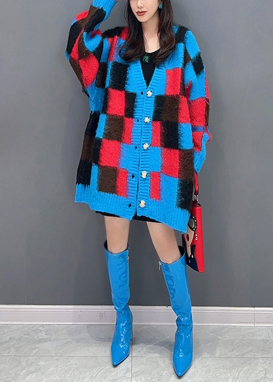 Beautiful Blue Plaid V Neck Button Patchwork Knit Cardigan Fall