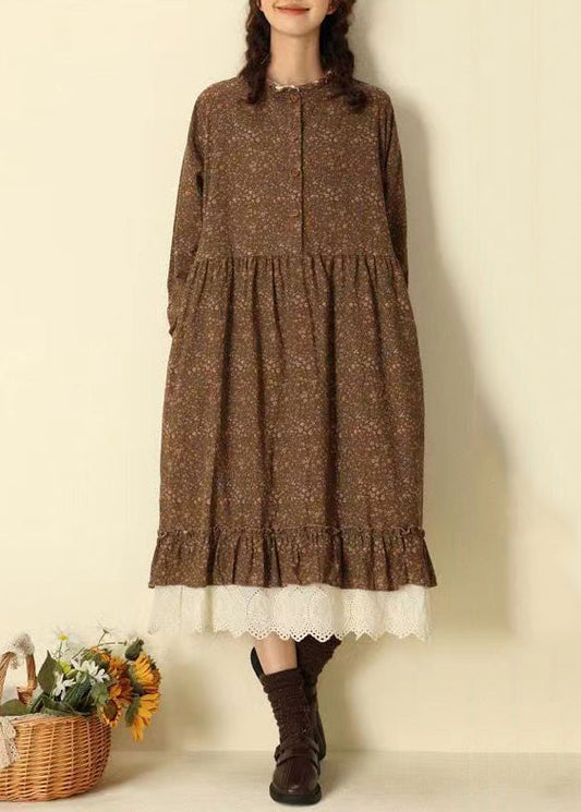 Beautiful Coffee Ruffled Print Pockets Patchwork Cotton Long Dresses Fall