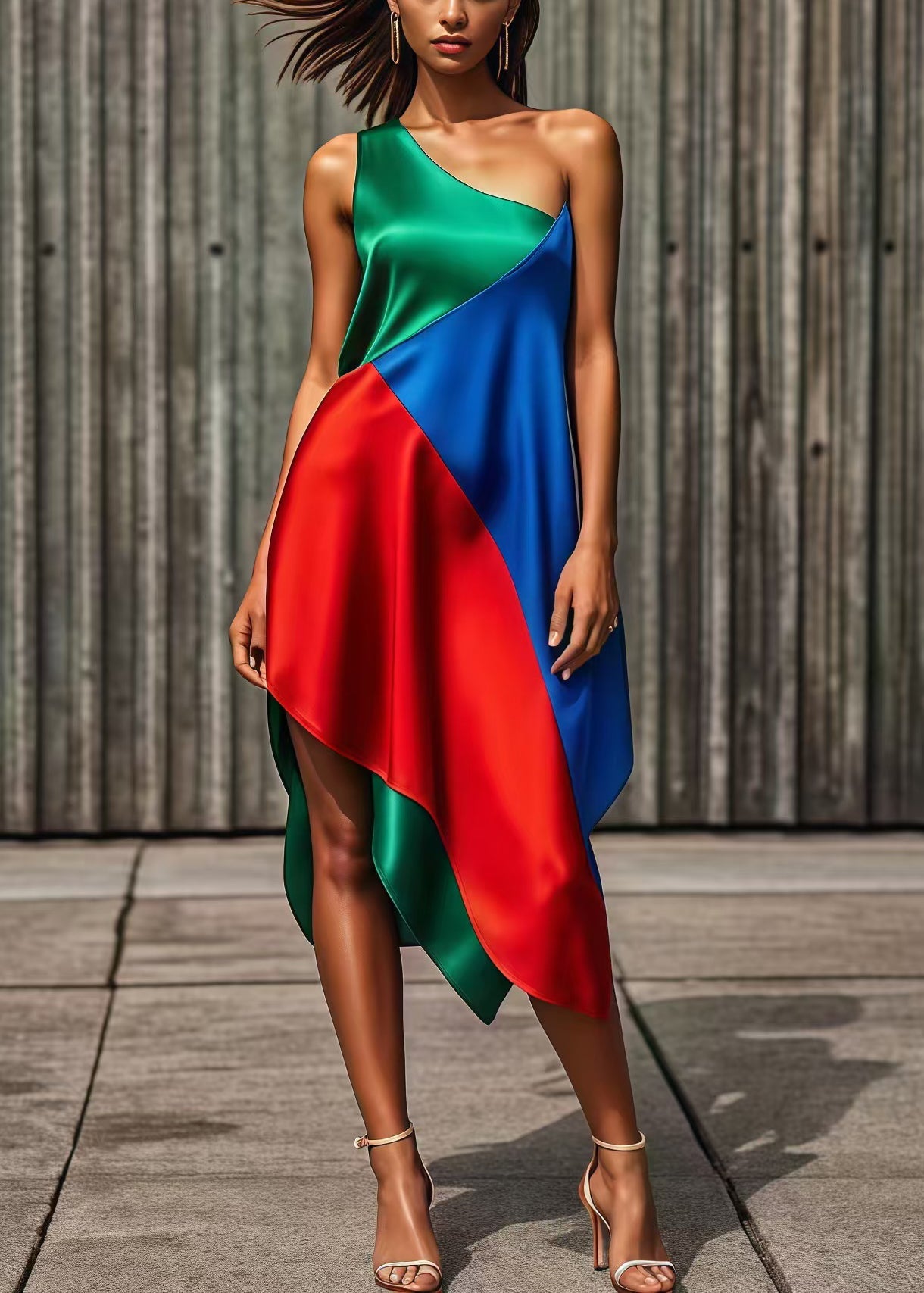 Beautiful Colorblock One Shoulder Asymmetrical Patchwork Silk Holiday Dress Summer