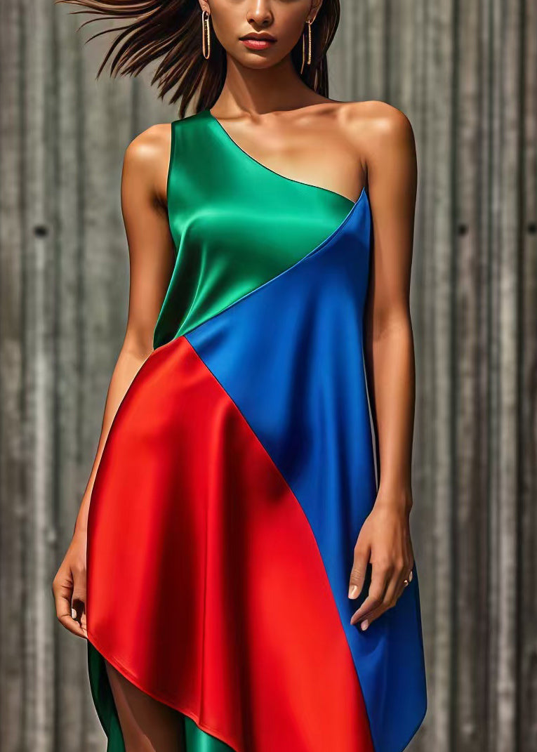 Beautiful Colorblock One Shoulder Asymmetrical Patchwork Silk Holiday Dress Summer