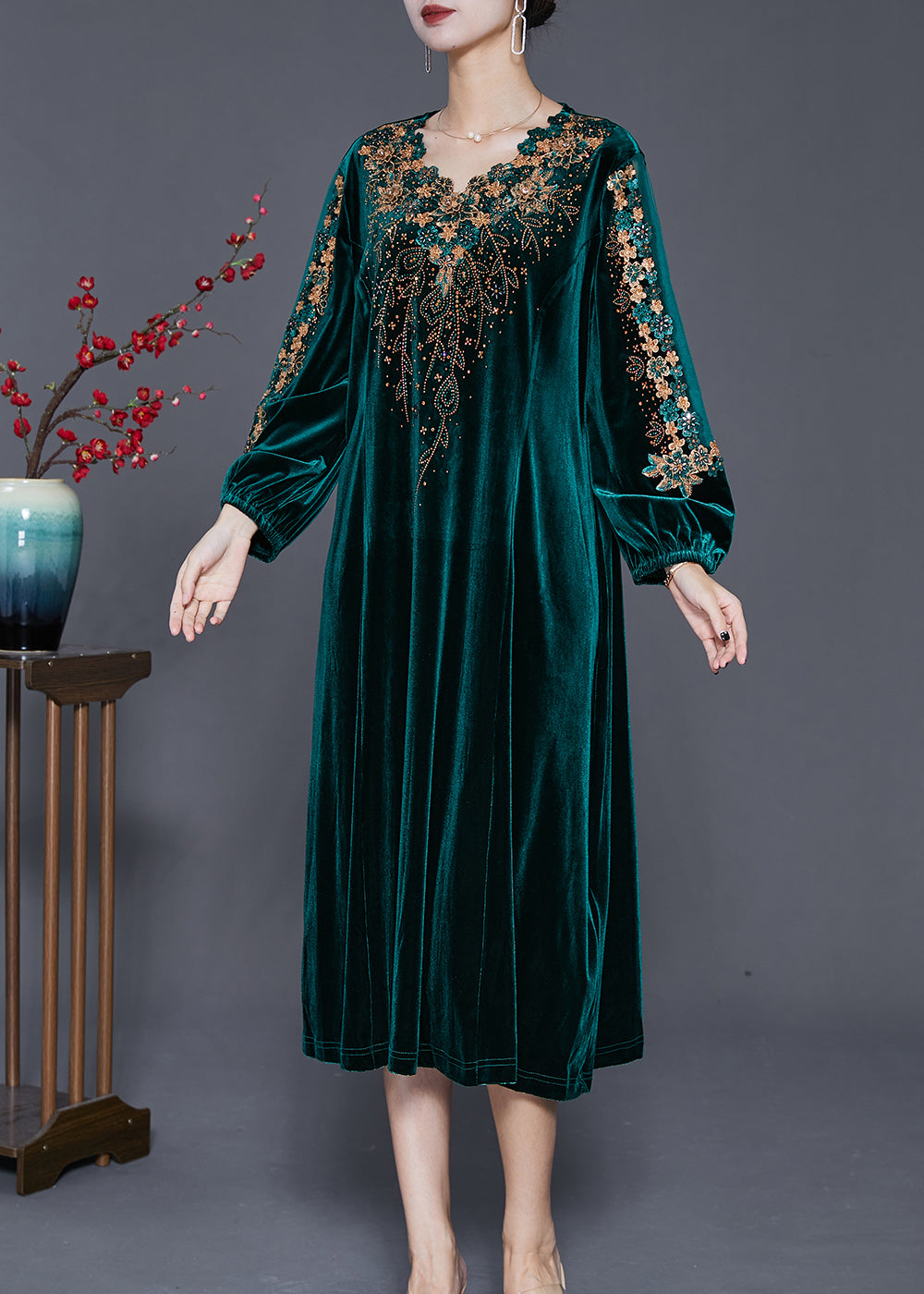 Beautiful Green Embroidered Hollow Out Silk Velour Dress Fall