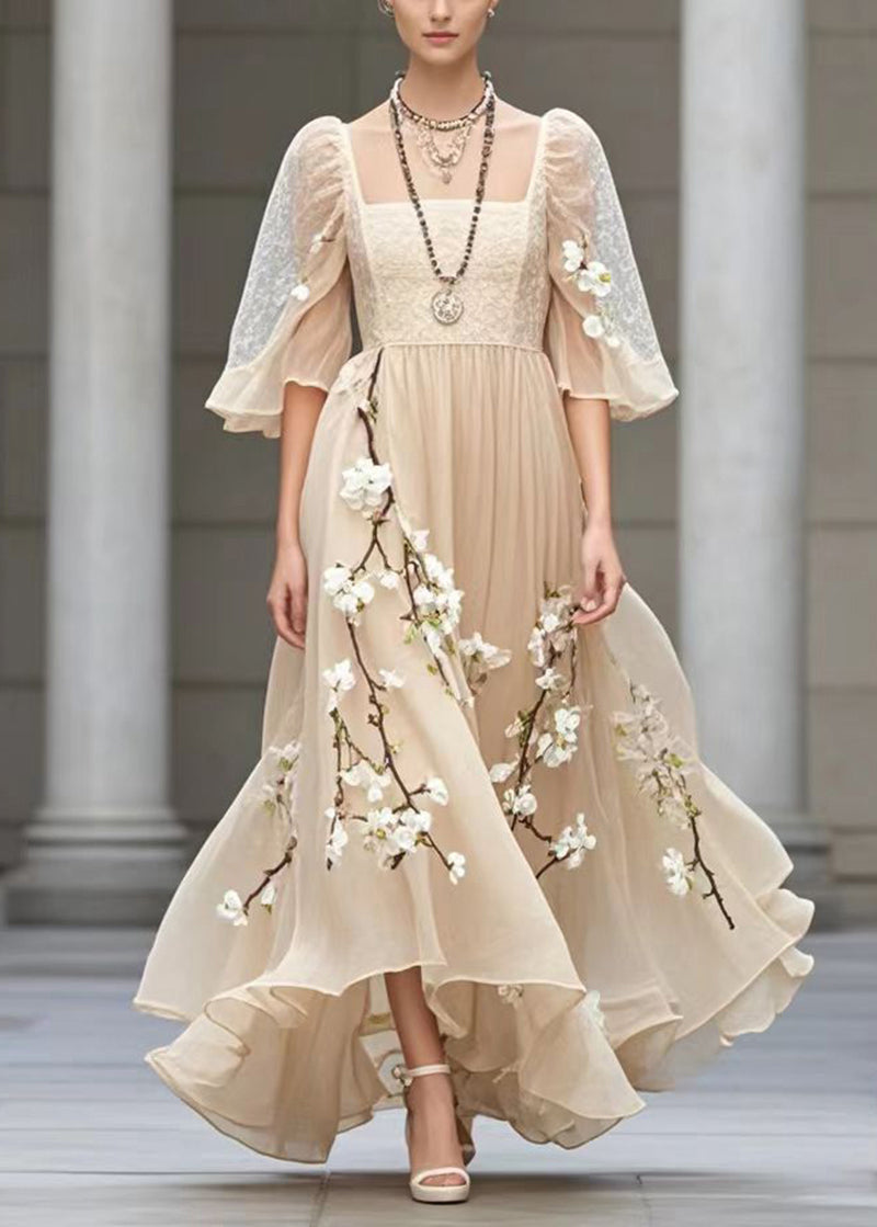 Beautiful Khaki Puff Sleeve Three-dimensional Plum Blossom Chiffon Sundress