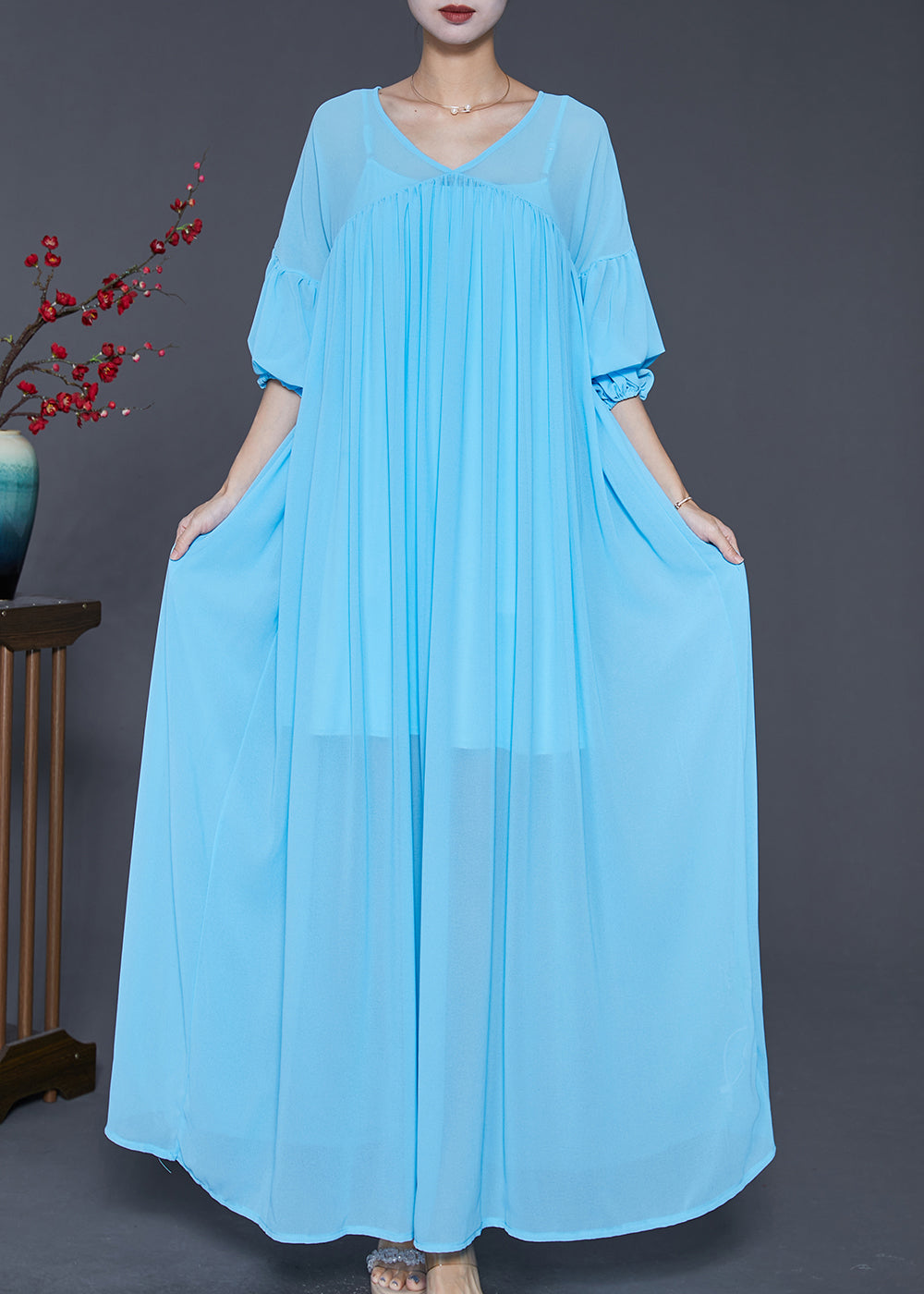 Beautiful Lake Blue Oversized Wrinkled Chiffon Maxi Dress Fall