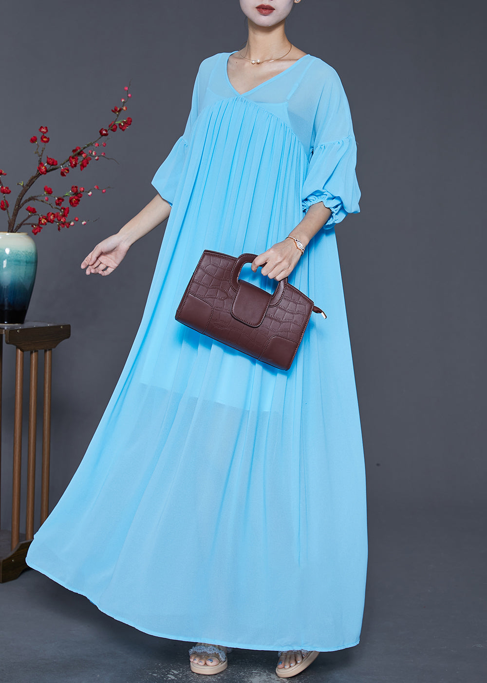 Beautiful Lake Blue Oversized Wrinkled Chiffon Maxi Dress Fall