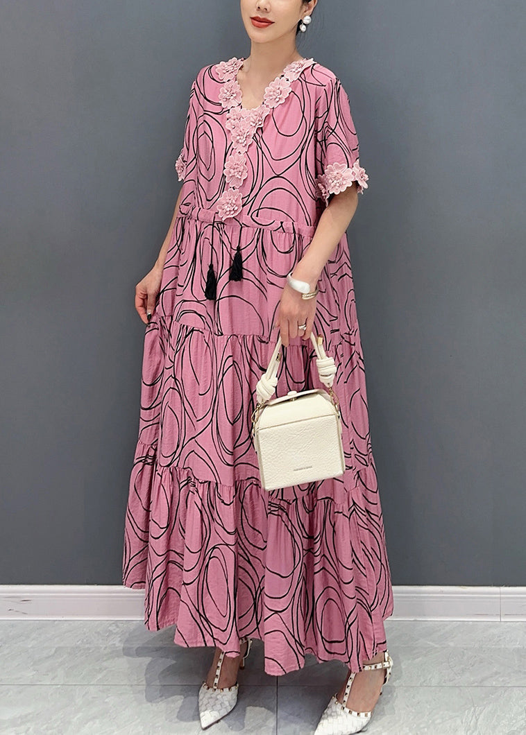 Beautiful Light Purple V Neck Floral Cotton Long Dress Summer