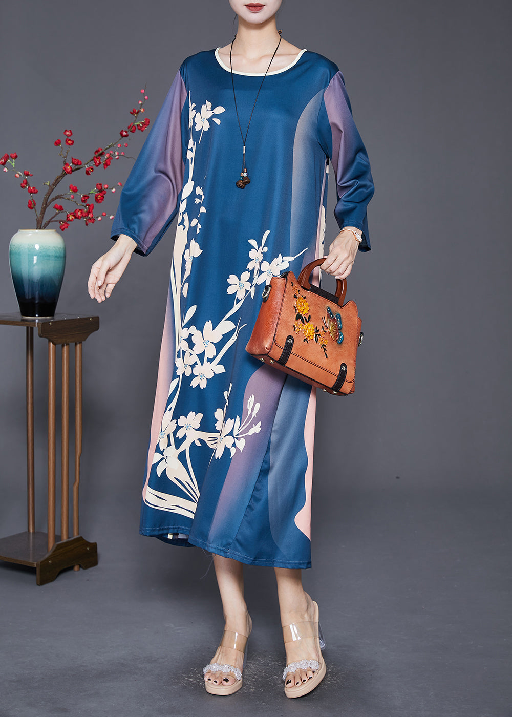 Beautiful Navy Oversized Print Silk Long Dress Fall