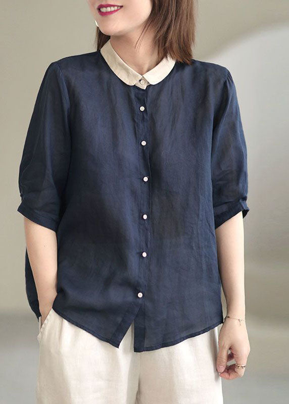 Beautiful Grey flower Peter Pan Collar Button Loose Fall Half Sleeve Shirt Tops