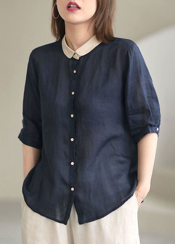 Beautiful Grey geometry Peter Pan Collar Button Loose Fall Half Sleeve Shirt Tops