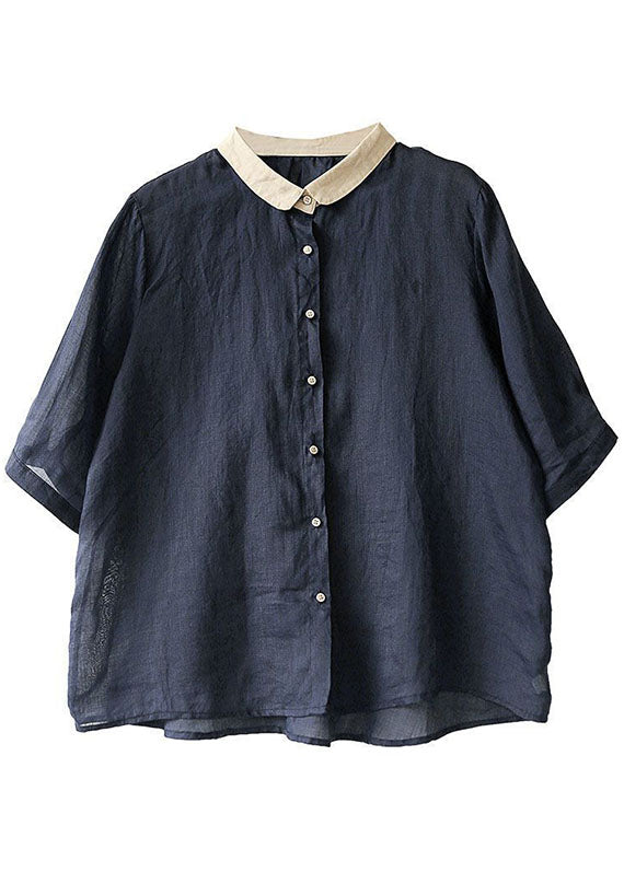 Beautiful Grey flower Peter Pan Collar Button Loose Fall Half Sleeve Shirt Tops