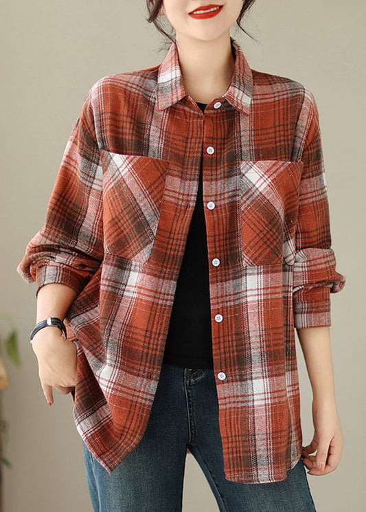 Beautiful Orange Peter Pan Collar Pockets Plaid Cotton Coat Fall