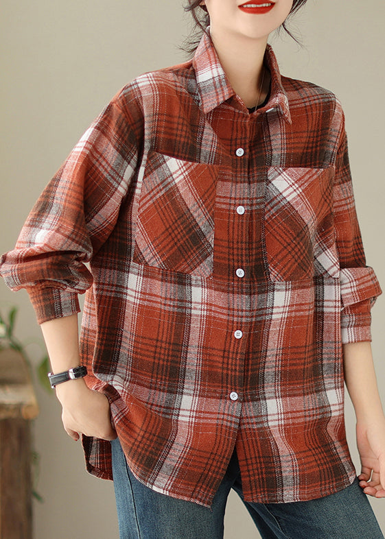 Beautiful Orange Peter Pan Collar Pockets Plaid Cotton Coat Fall