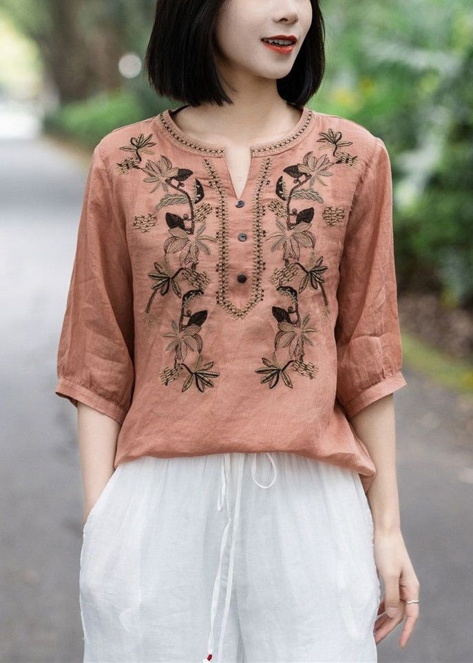 Beautiful Pink Embroideried Button Cotton T Shirt Summer