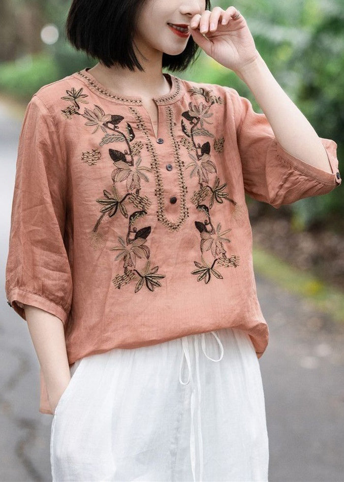 Beautiful Pink Embroideried Button Cotton T Shirt Summer