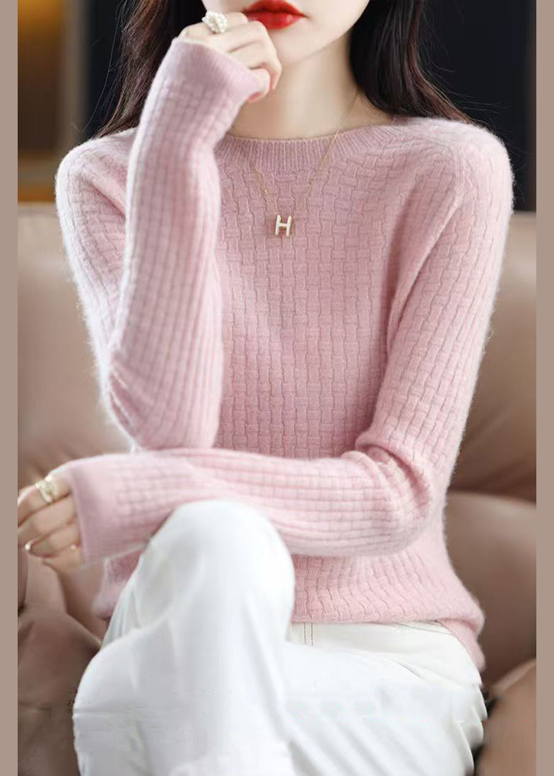 Beautiful Pink O Neck Solid Cotton Knit Sweaters Fall