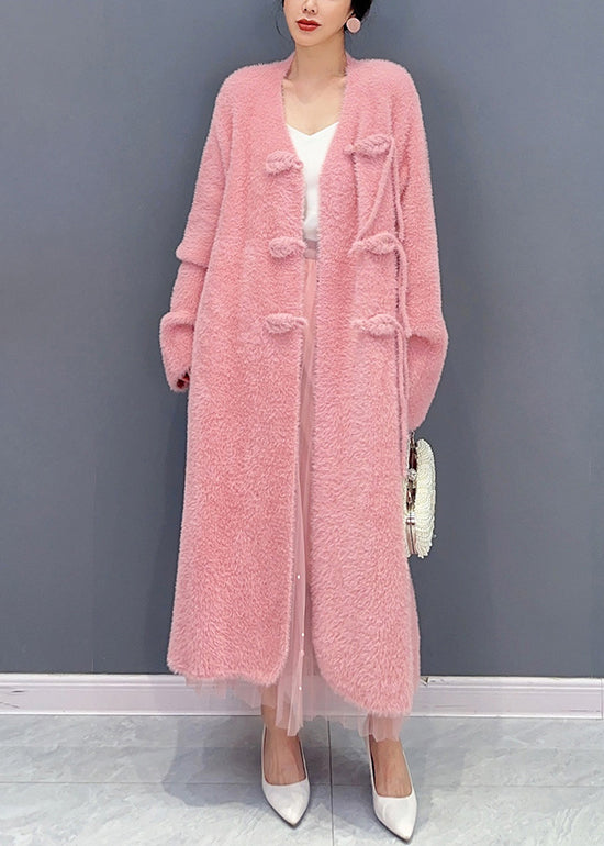 Beautiful Pink V Neck Button Woolen Trench Coat Long Sleeve