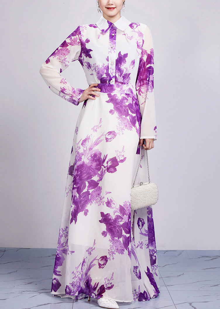 Beautiful Purple Peter Pan Collar Print Chiffon Maxi Dresses Long Sleeve