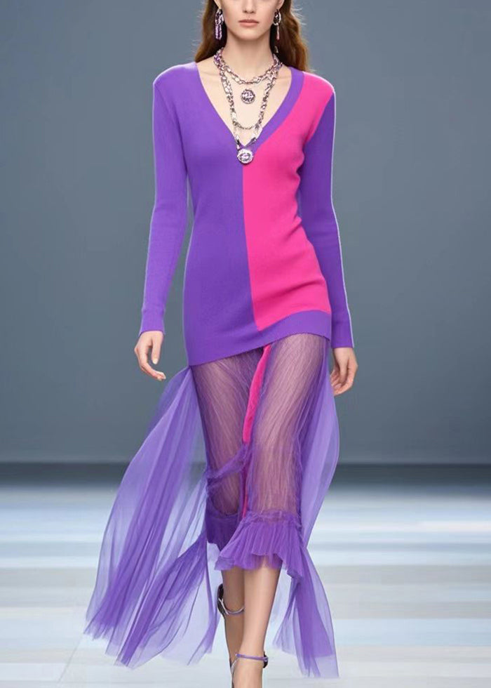 Beautiful Purple V Neck Patchwork Tulle Knitwear Dress Fall