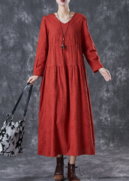 Beautiful Red Cinched Patchwork Linen Dresses Fall