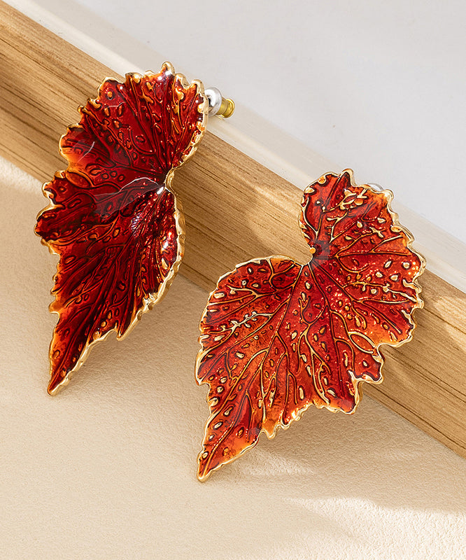 Beautiful Red Copper Overgild Copper Leaves Stud Earrings