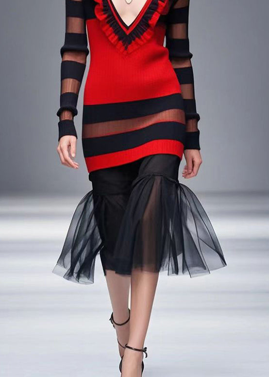 Beautiful Red Ruffled Patchwork Tulle Sweater Dress Fall