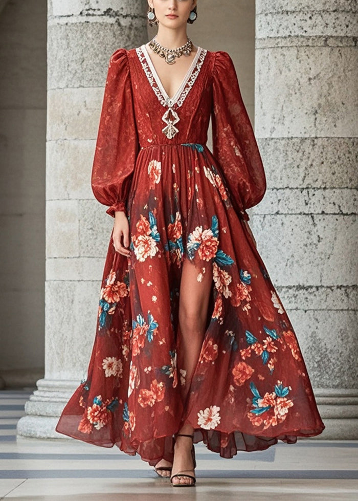 Beautiful Red V Neck Floral Chiffon Dresses Fall