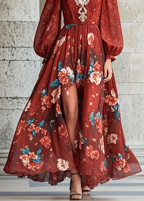 Beautiful Red V Neck Floral Chiffon Dresses Fall