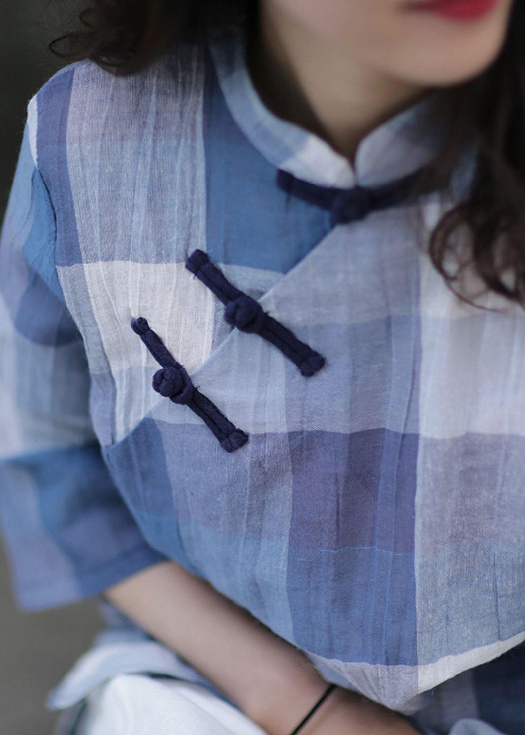 Beautiful stand collar linen top silhouette Sewing blue plaid tops - SooLinen