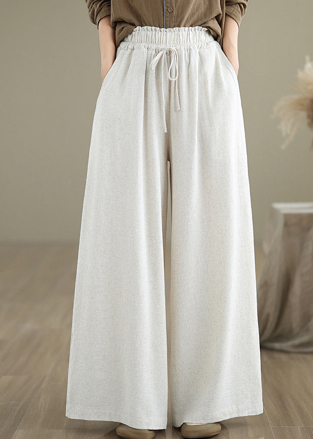 Beige Pockets Simple Cotton Wide Leg Pants Drawstring Fall