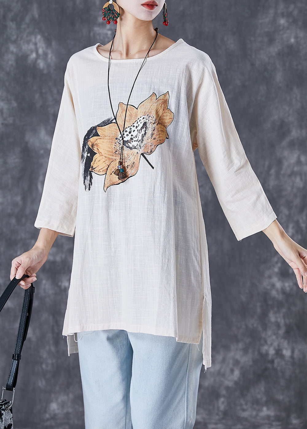 Beige Print Linen Tops Low High Design Fall