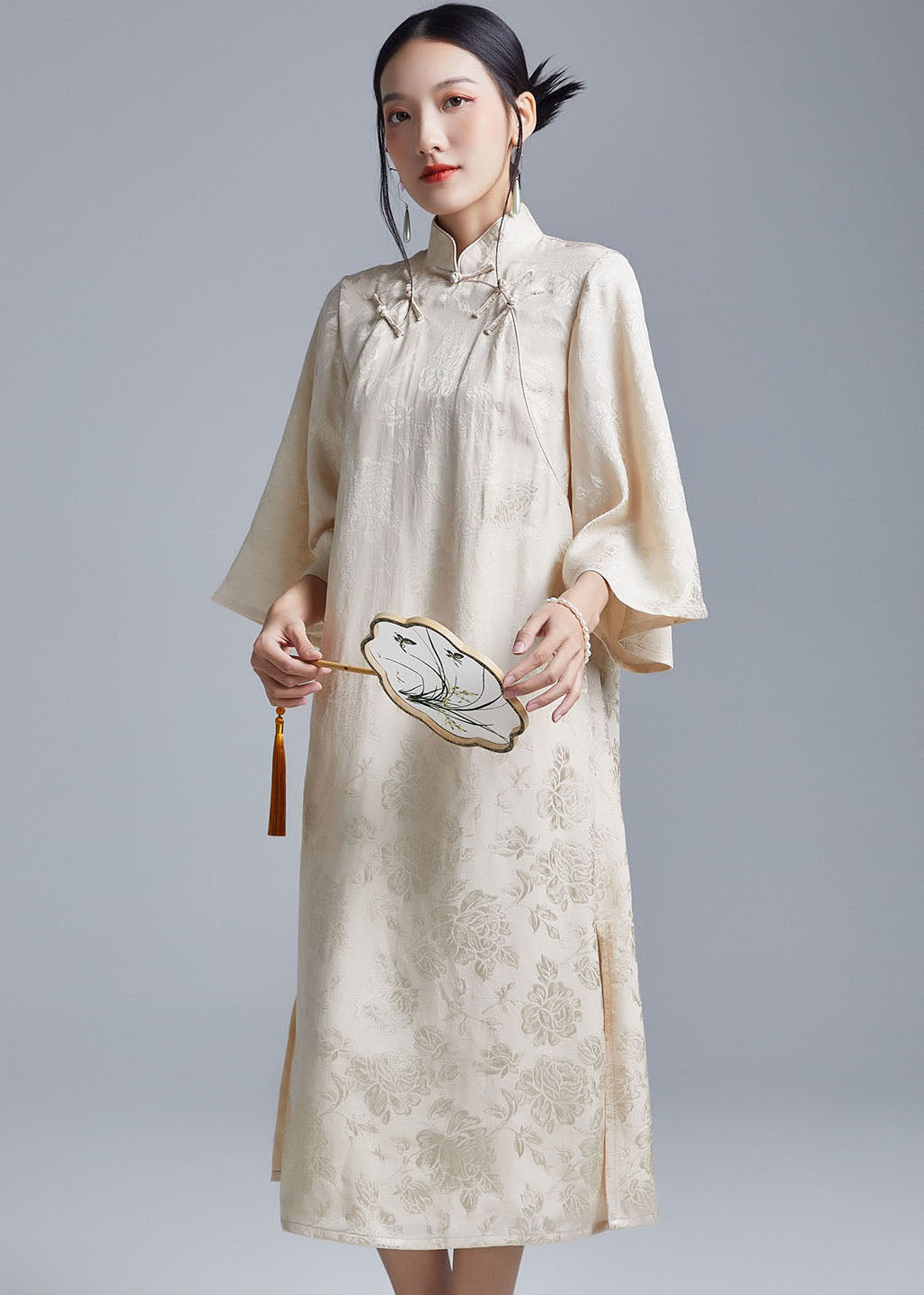 Beige Side Open Long Dress Long Sleeve