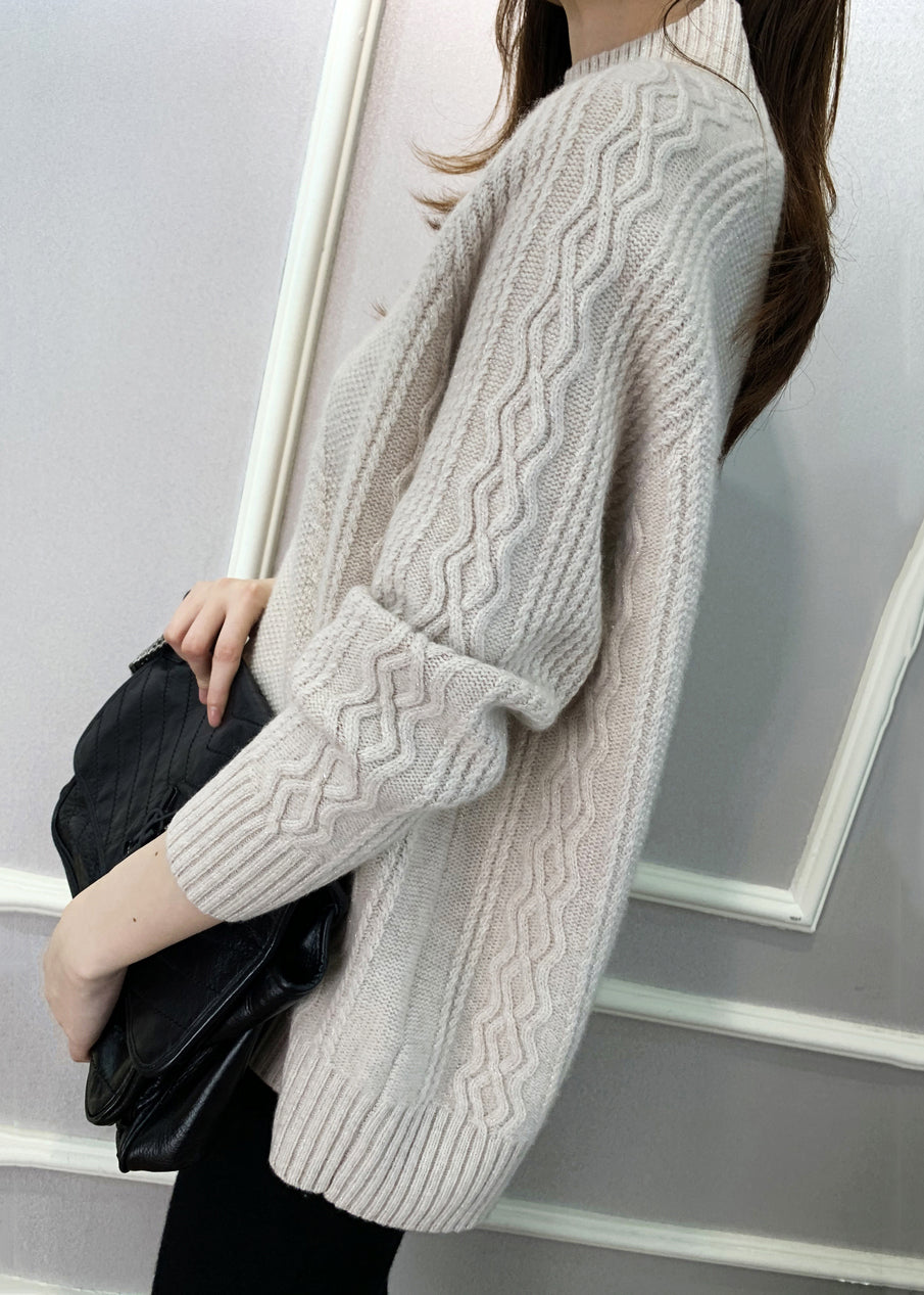 Beige Solid Cozy Knit Fall Sweaters Turtleneck