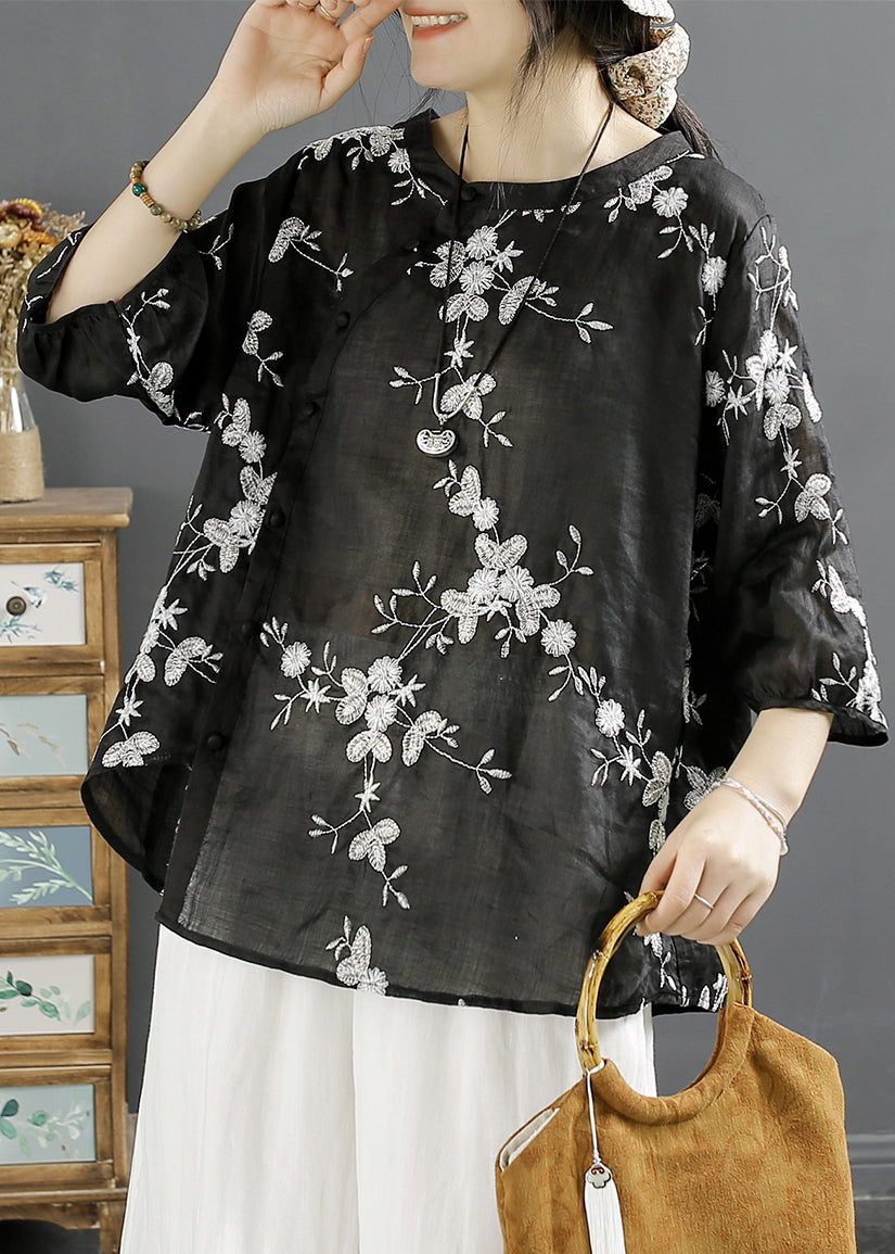 Black Asymmetrical Linen Blouses O Neck Bracelet Sleeve