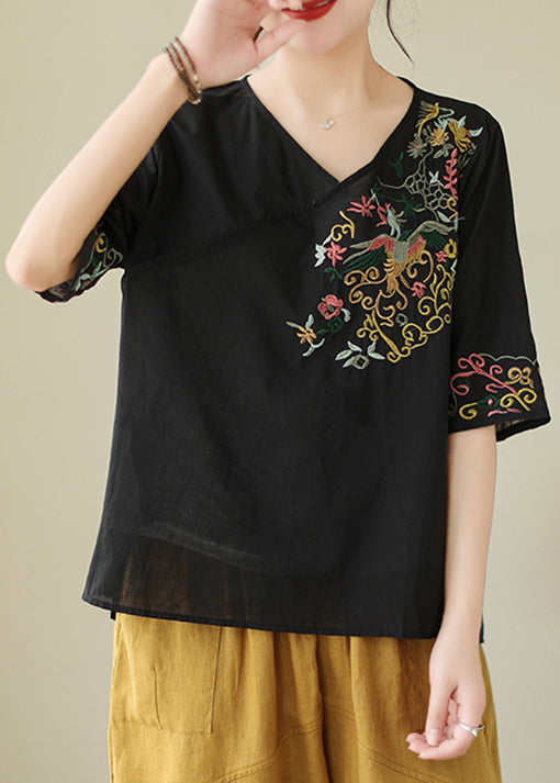 Black Embroidered Cotton Blouses V Neck Half Sleeve