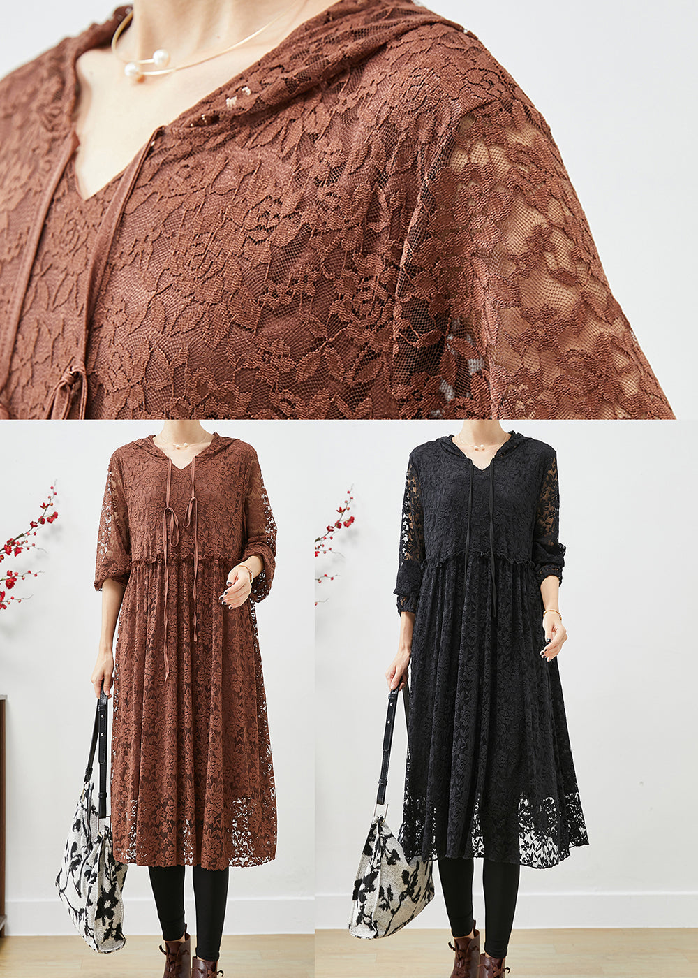 Black Lace Robe Dresses Hooded Exra Large Hem Fall