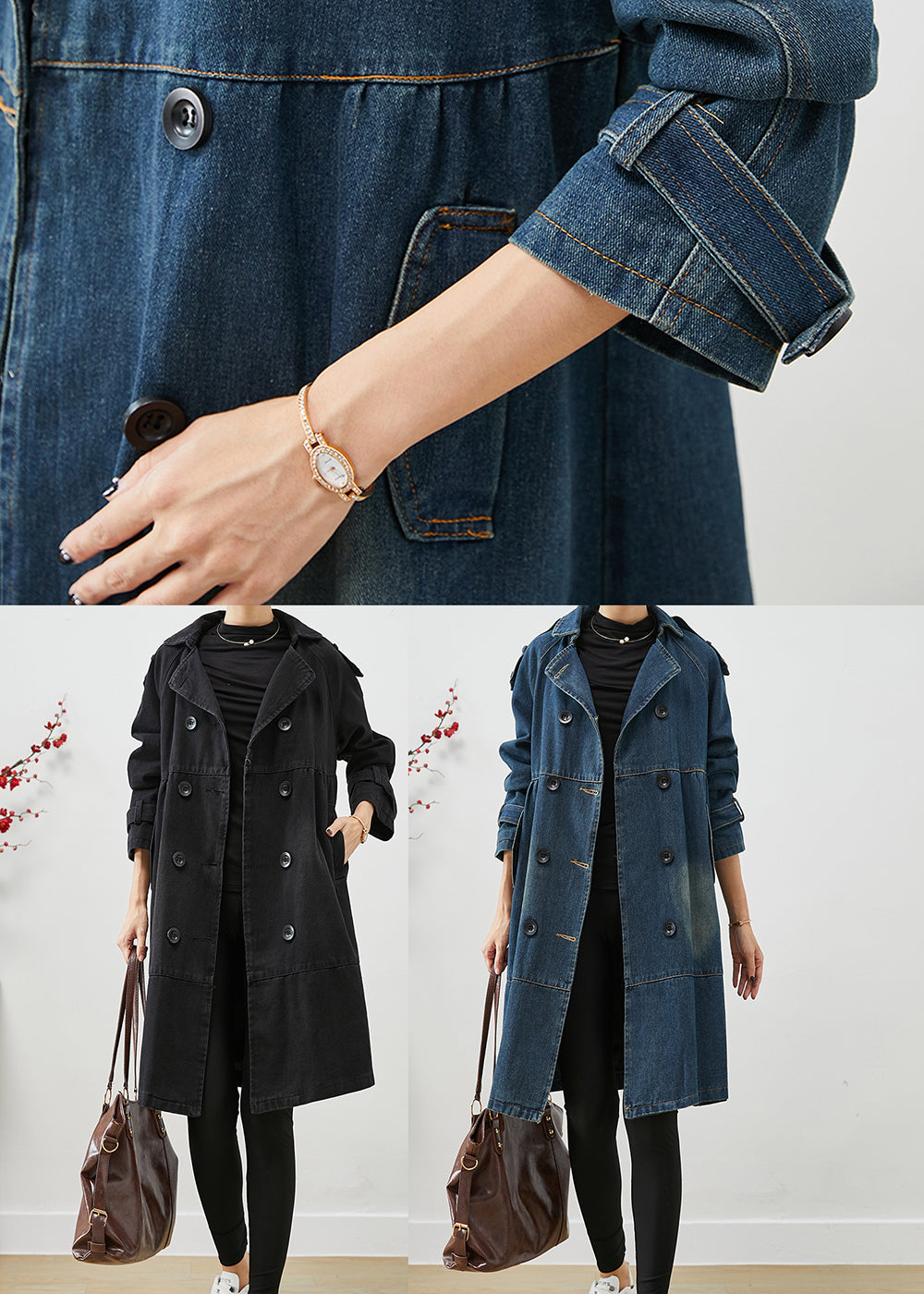 Black Loose Denim Coat Outwear Peter Pan Collar Double Breast Fall