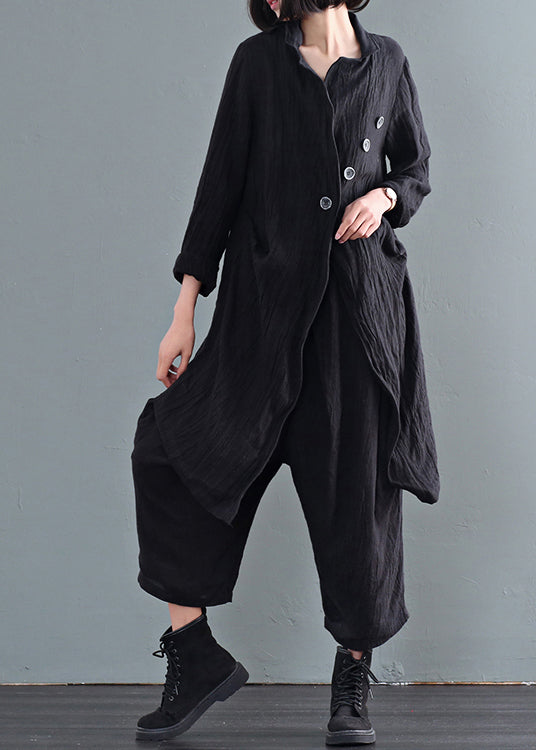 Black Oversized Linen Trench Coats Wrinkled Button Fall